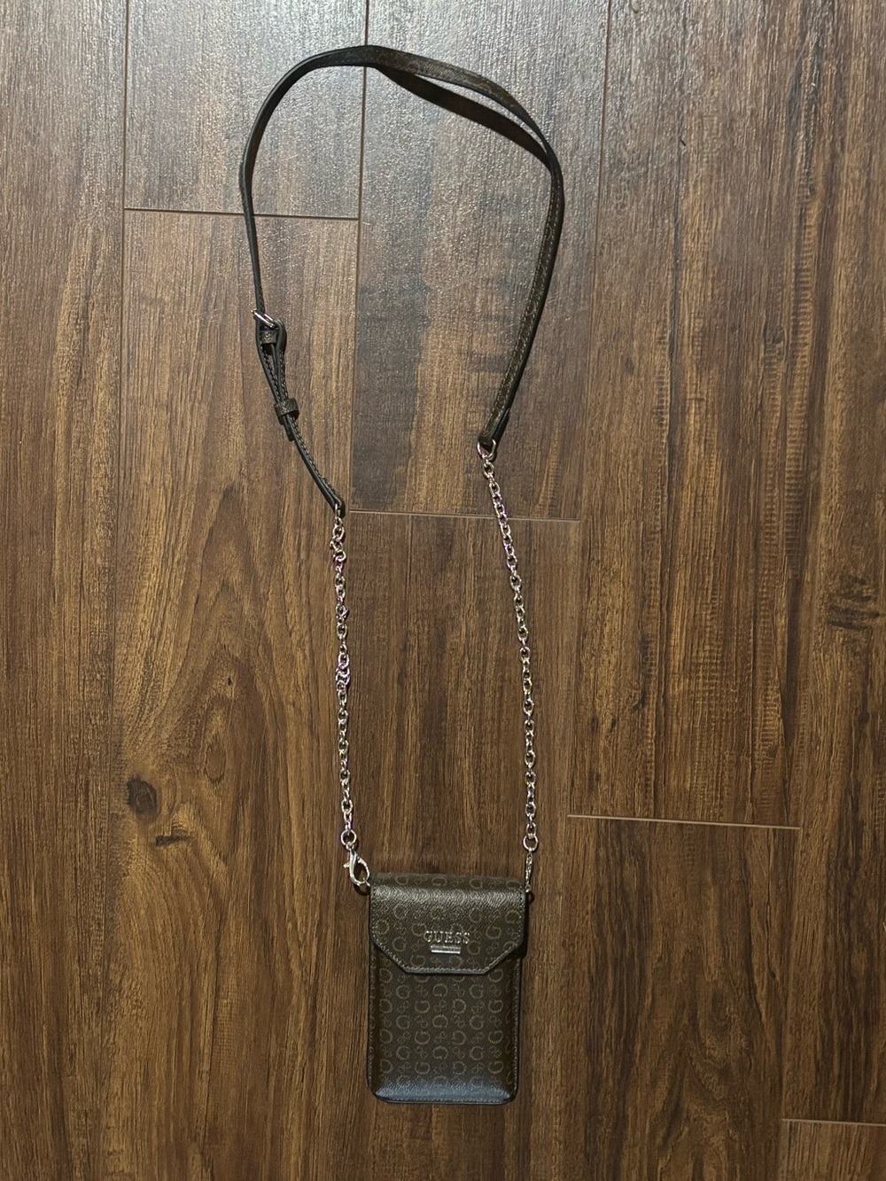 Guess Brown Signature Crossbody Phone Pouch with Chain Strap